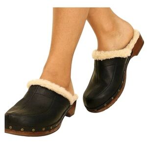 UGG Australia Kalie Brown Leather Sheepskin Lined Wooden Clogs Size 9 Vtg Y2K